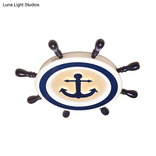Cartoon Style Blue Round Led Flush Mount Light Fixture With Wood And Acrylic Accents Rudder Design