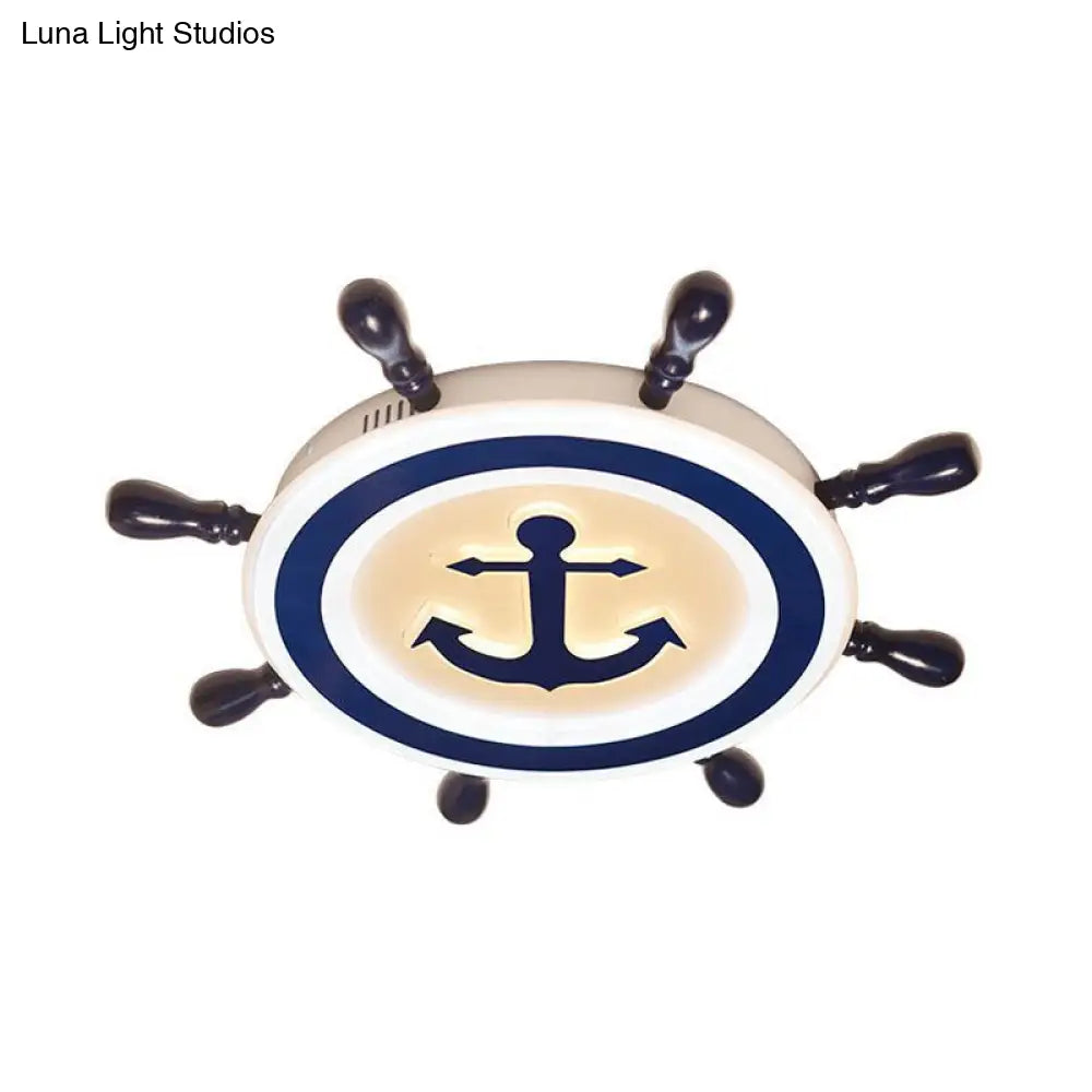 Cartoon Style Blue Round Led Flush Mount Light Fixture With Wood And Acrylic Accents Rudder Design