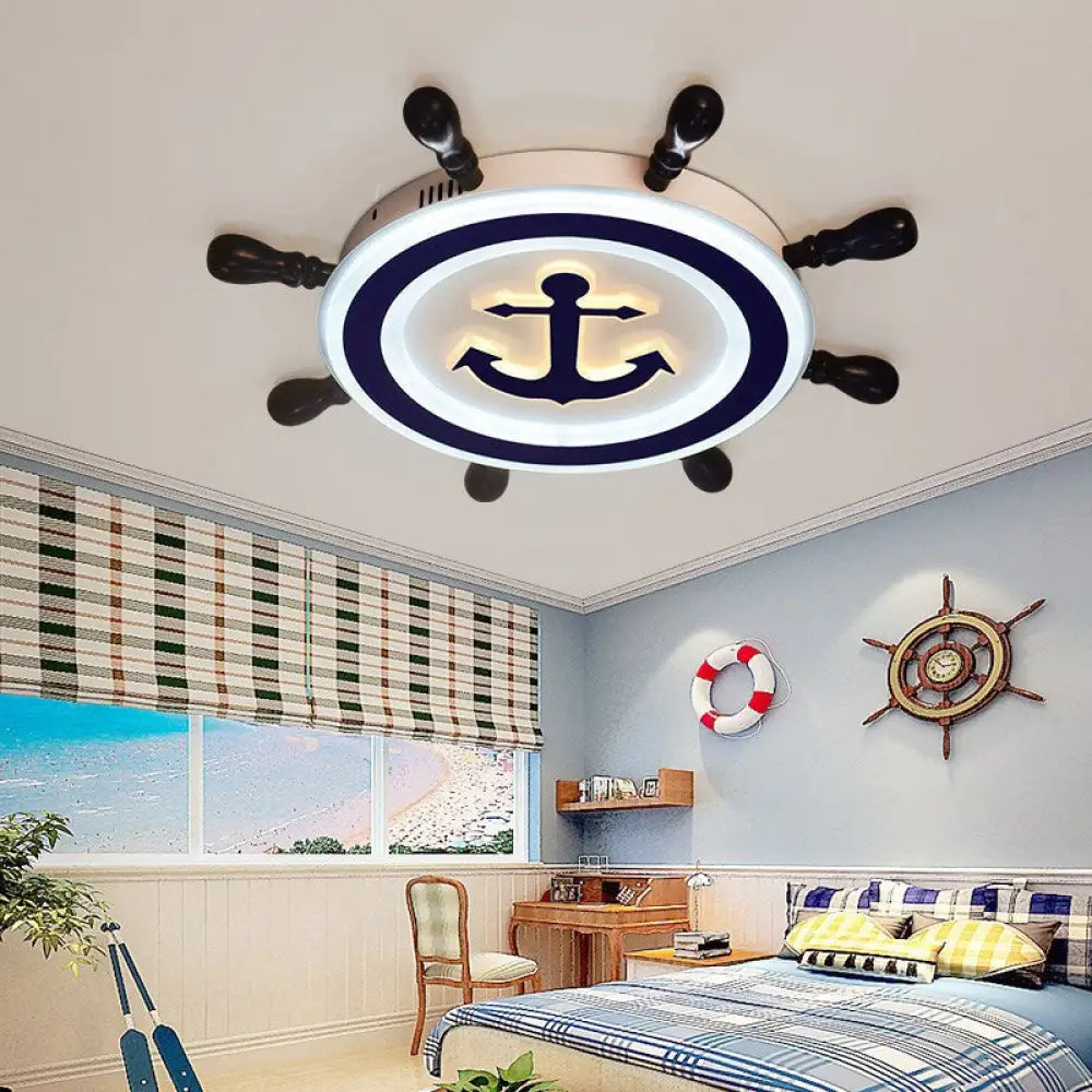 Cartoon Style Blue Round Led Flush Mount Light Fixture With Wood And Acrylic Accents Rudder Design