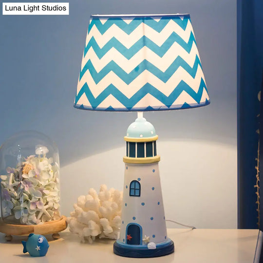 Cartoon Style Fabric Cone Table Lamp 14/18 Wide 1 Light Blue/White Stand Up Resin Tower Base