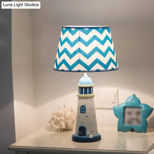 Cartoon Style Fabric Cone Table Lamp 14/18 Wide 1 Light Blue/White Stand Up Resin Tower Base