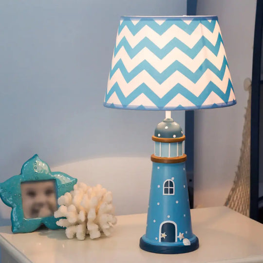 Cartoon Style Fabric Cone Table Lamp 14/18 Wide 1 Light Blue/White Stand Up Resin Tower Base Blue /