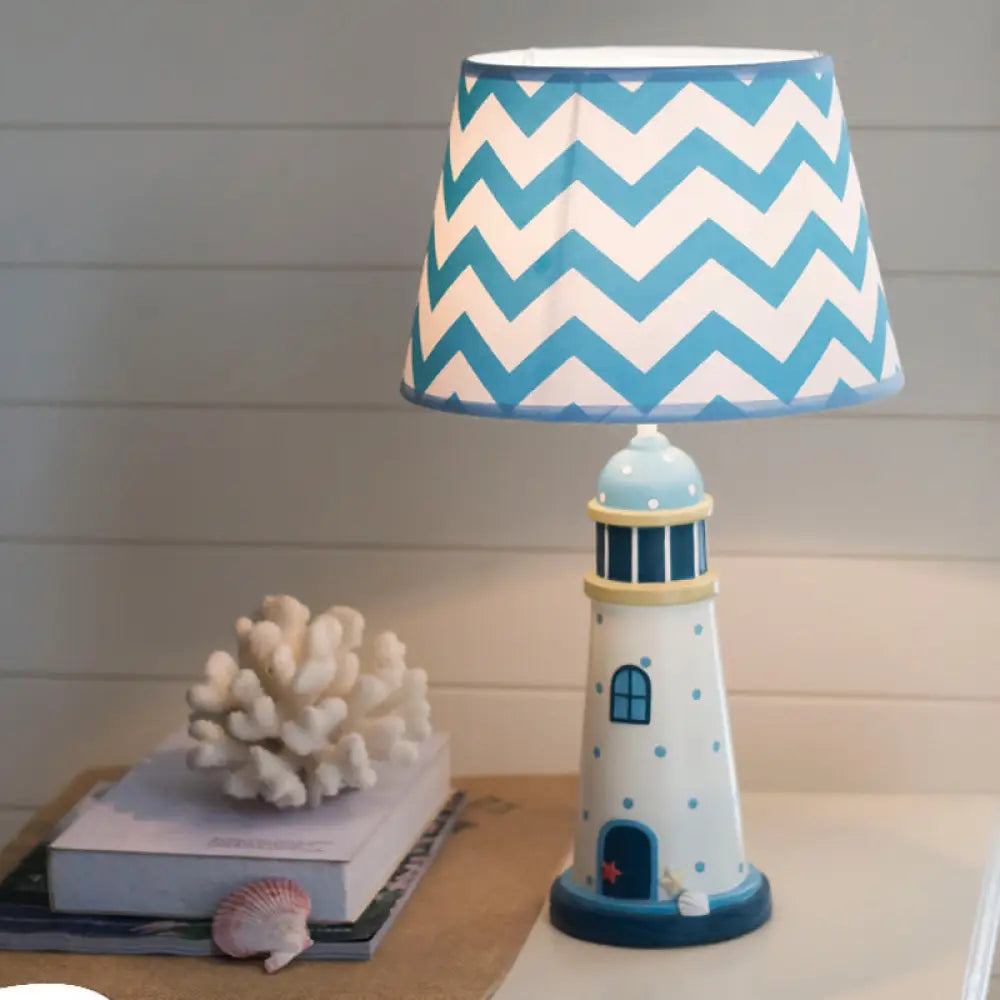 Cartoon Style Fabric Cone Table Lamp 14/18 Wide 1 Light Blue/White Stand Up Resin Tower Base White /