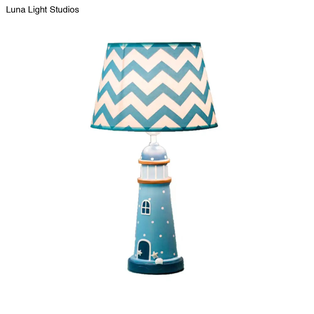 Cartoon Style Fabric Cone Table Lamp 14/18 Wide 1 Light Blue/White Stand Up Resin Tower Base