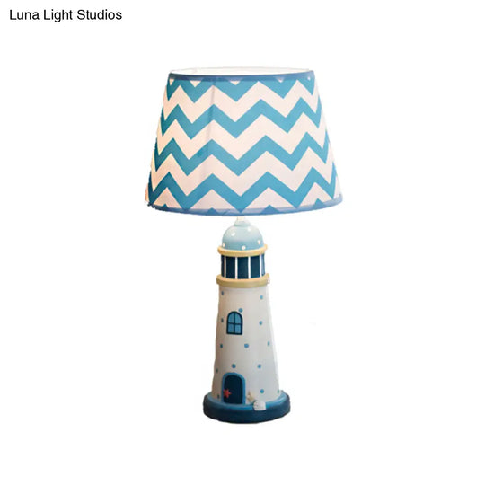 Cartoon Style Fabric Cone Table Lamp 14/18 Wide 1 Light Blue/White Stand Up Resin Tower Base