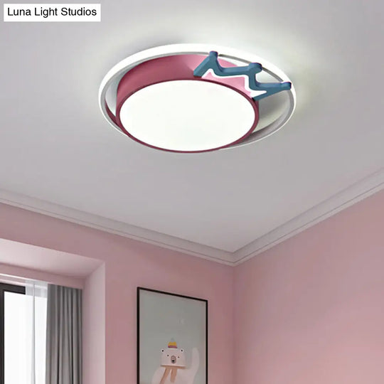 Cartoon Style Flush Mount Led Ceiling Light With Acrylic Shade And Crown Deco In Blue/Pink