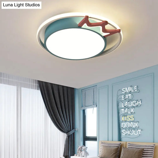 Cartoon Style Flush Mount Led Ceiling Light With Acrylic Shade And Crown Deco In Blue/Pink