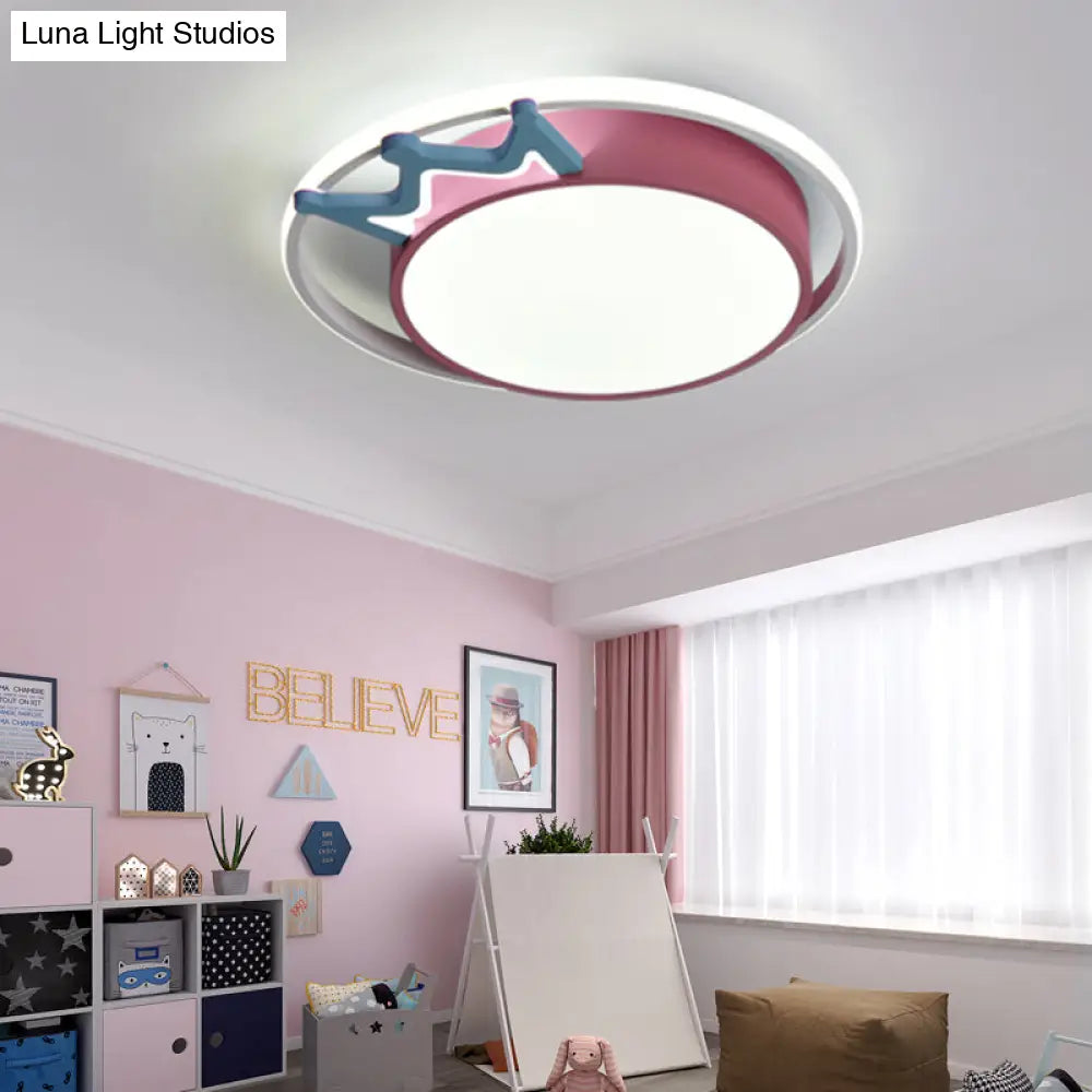 Cartoon Style Flush Mount Led Ceiling Light With Acrylic Shade And Crown Deco In Blue/Pink