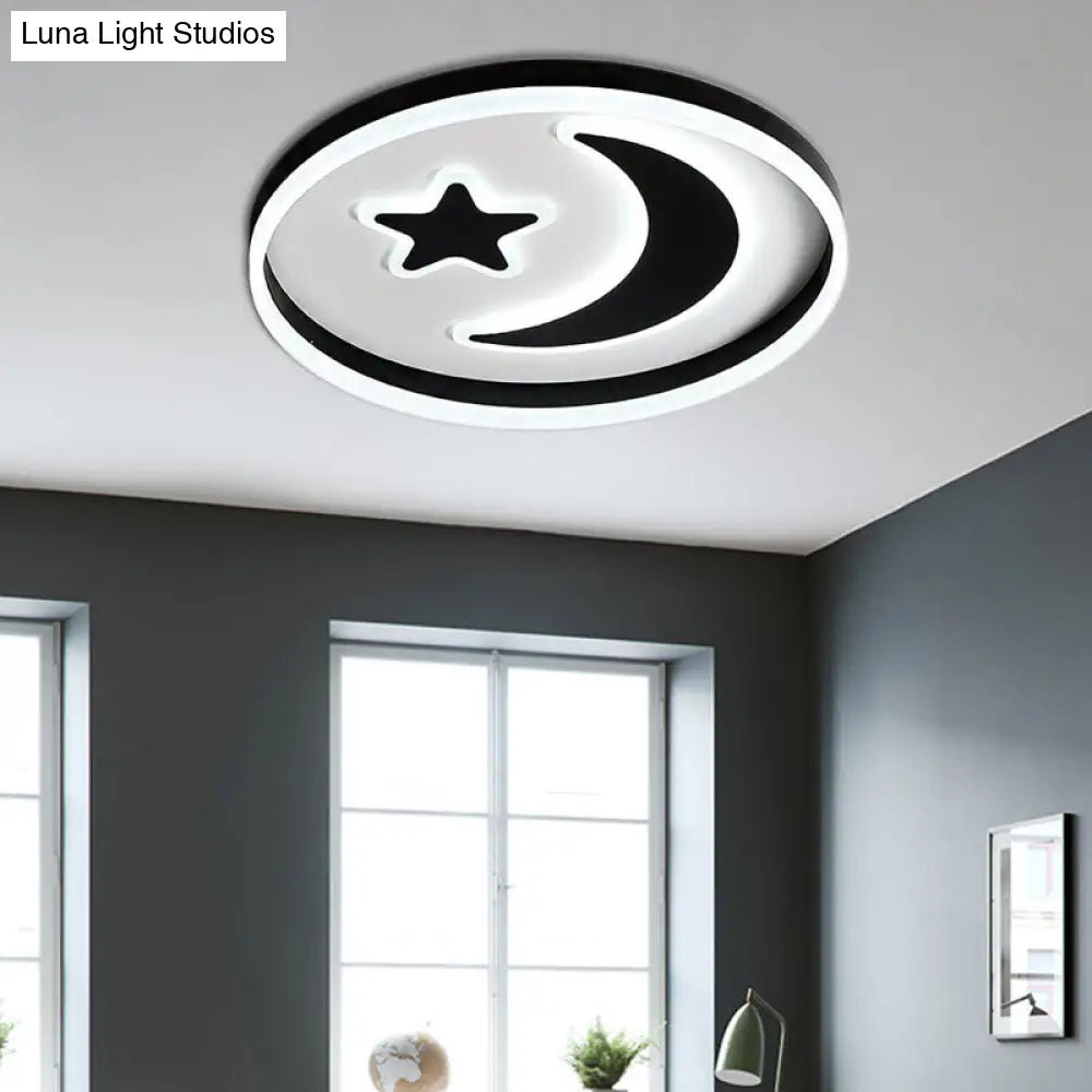 Cartoon Style Round Acrylic Ceiling Mount Led Lamp In Warm/White Light For Bedroom - Black/White