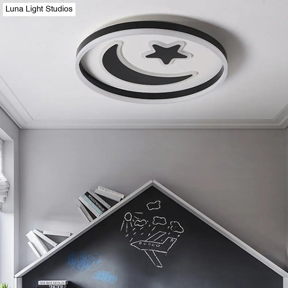 Cartoon Style Round Acrylic Ceiling Mount Led Lamp In Warm/White Light For Bedroom - Black/White