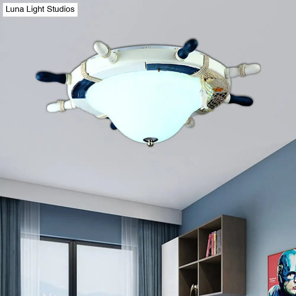 Cartoon Style Rudder Flush Ceiling Light - Led Metal Lamp For Childrens Room White/Blue With Frosted