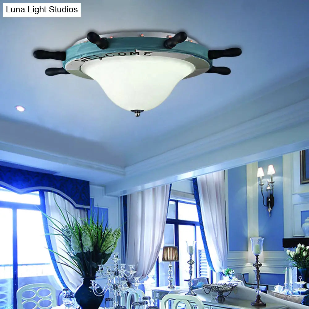 Cartoon Style Rudder Flush Ceiling Light - Led Metal Lamp For Children’s Room White/Blue With