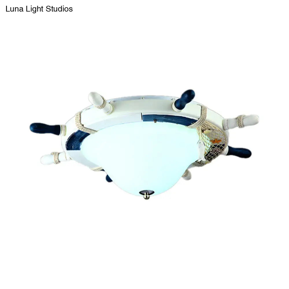 Cartoon Style Rudder Flush Ceiling Light - Led Metal Lamp For Children’s Room White/Blue With