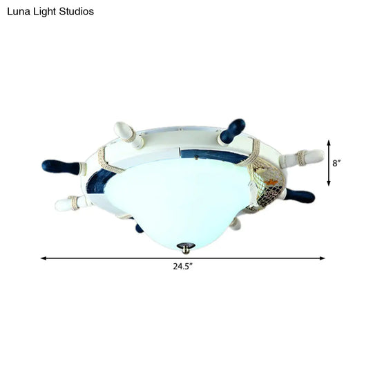 Cartoon Style Rudder Flush Ceiling Light - Led Metal Lamp For Children’s Room White/Blue With