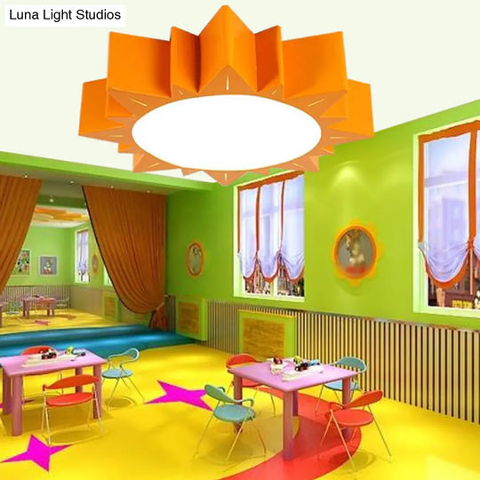 Cartoon Sun Acrylic Led Ceiling Light - Orange Kids Bedroom Flush Mount 19.5/23.5 Wide