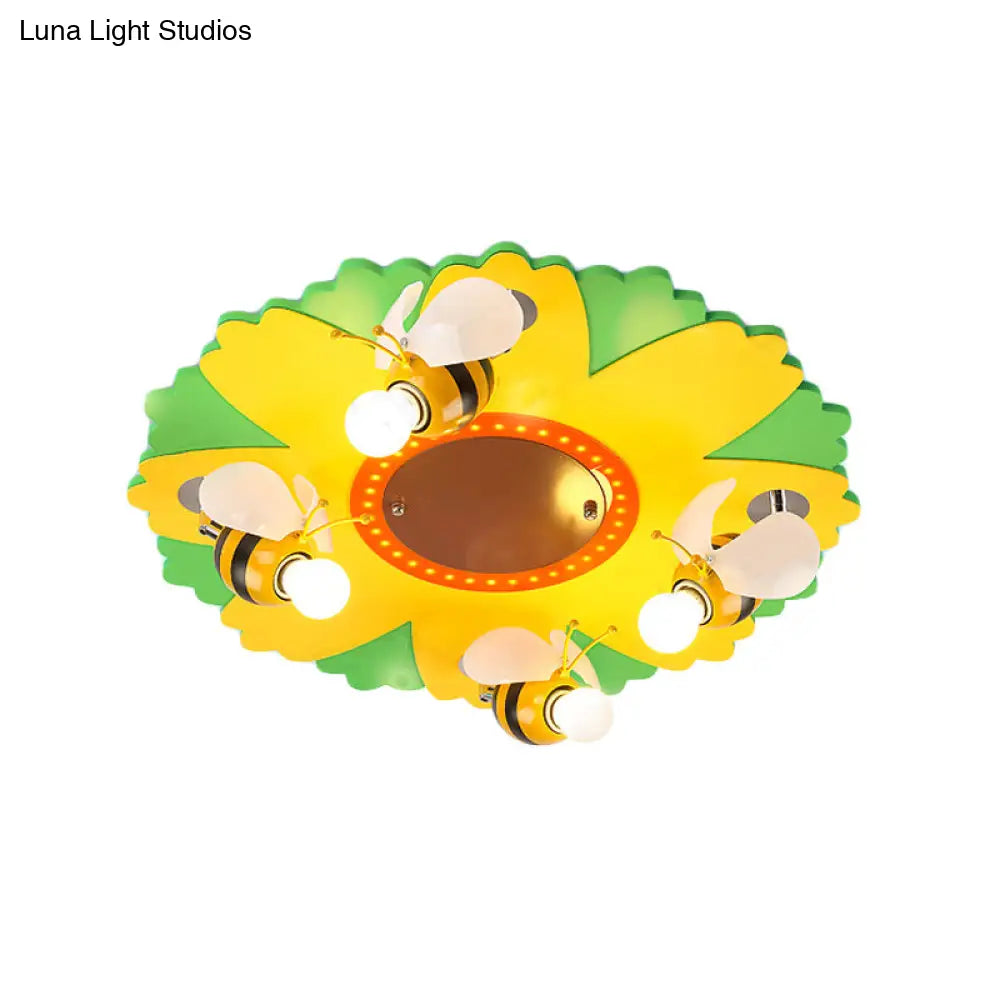 Cartoon Sunflower Ceiling Light With Bee Metal - 4 Bulbs Yellow Bedroom Lamp