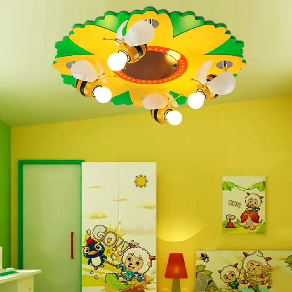 Cartoon Sunflower Ceiling Light With Bee Metal - 4 Bulbs Yellow Bedroom Lamp