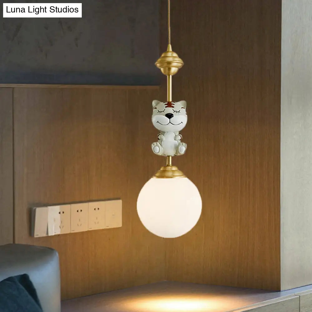 Cartoon Suspension Light: Gold Cow/Tiger Theme 1 Bulb Resin Ceiling Pendant With White Glass Shade