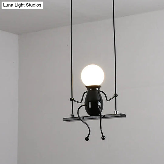 Cartoon Metal Chandelier Lamp - Swing Kid 1/2 Heads Black/White Finish Bedroom Hanging Light Fixture