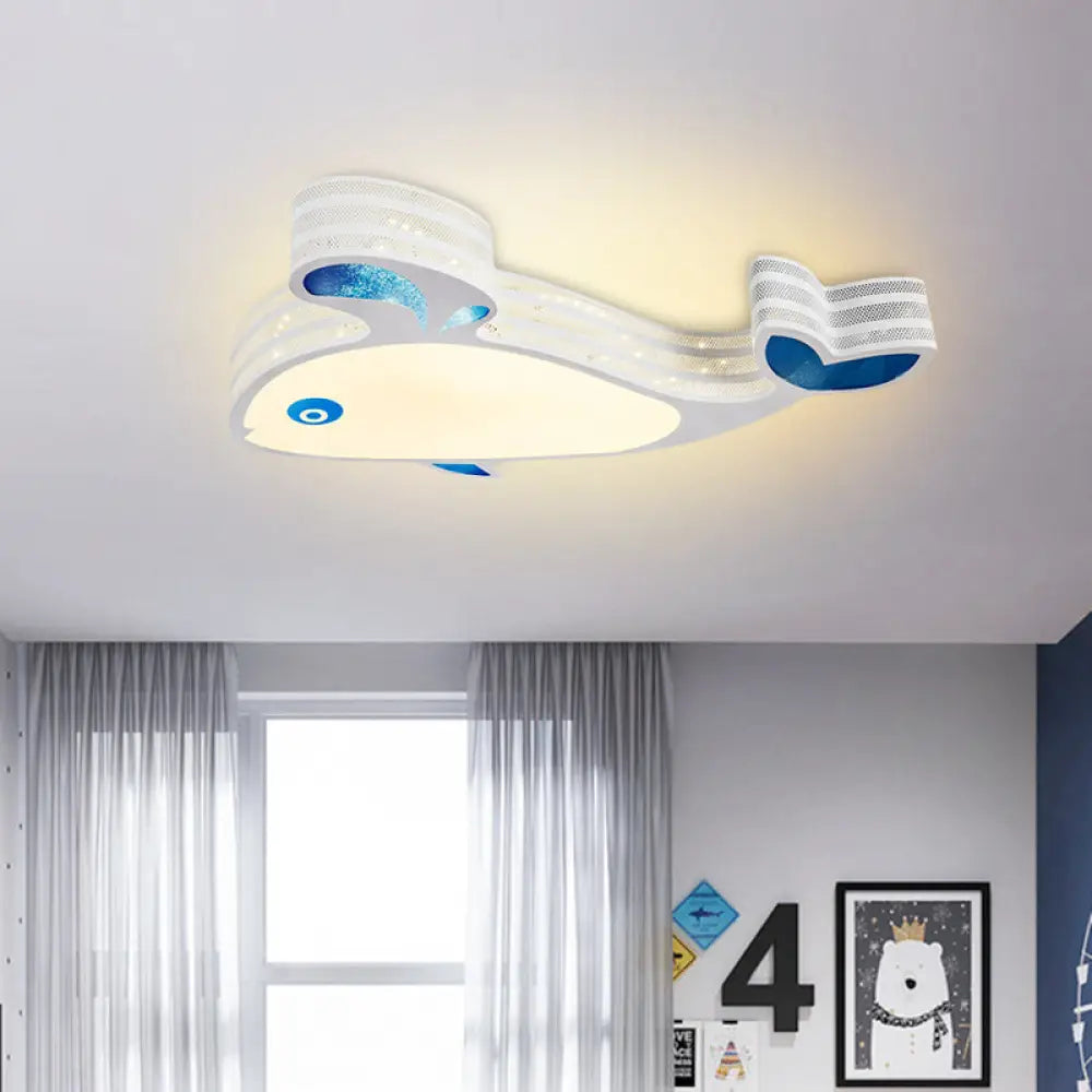 Cartoon Whale Pierced Flush Mount Kids Metal White Led Ceiling Lighting For Children Bedroom