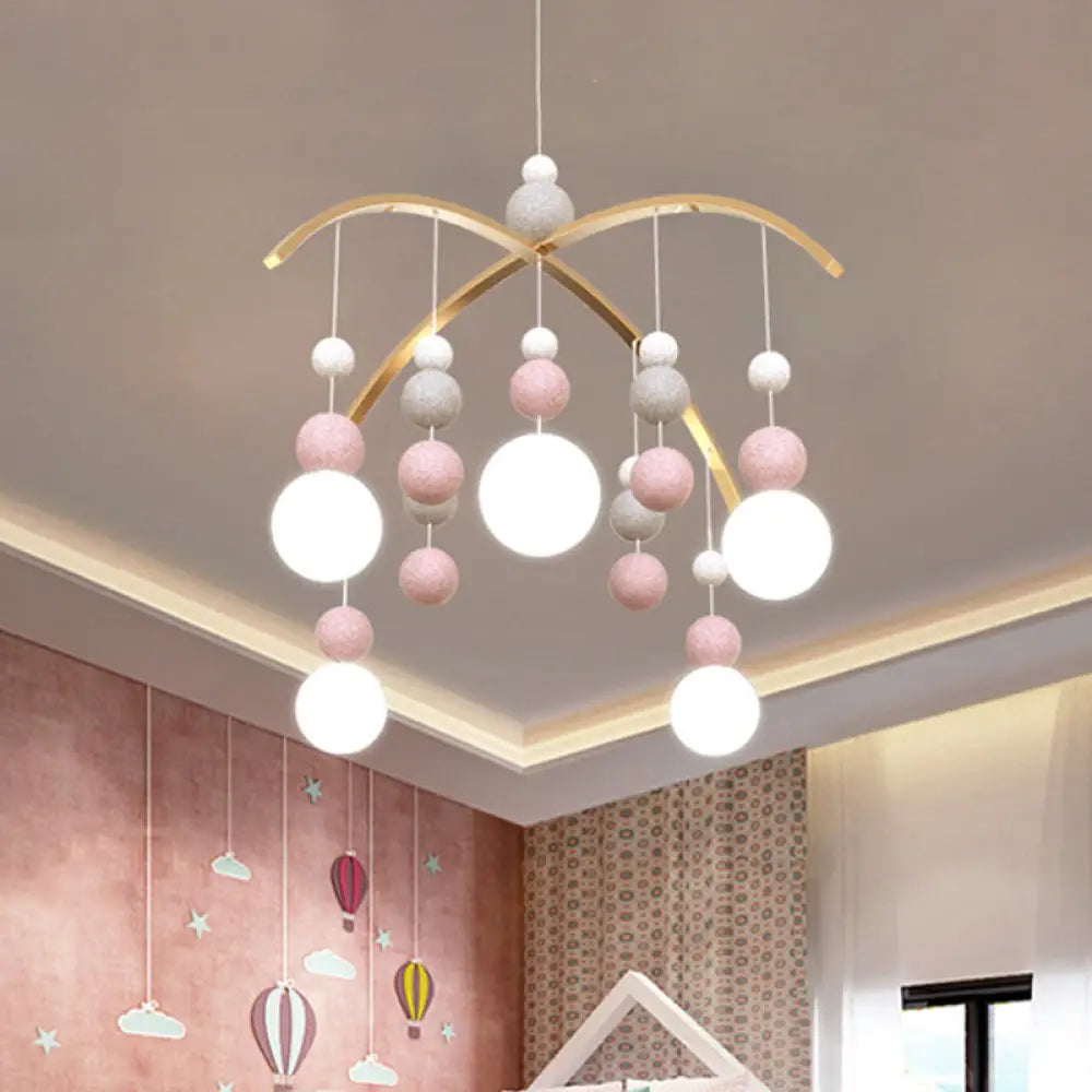 Cartoon White Glass Globe Chandelier Light With Pink/Blue Hanging Pendant - 5-Bulb Design Small Ball