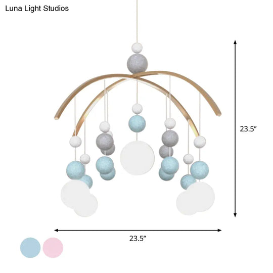 Cartoon White Glass Globe Chandelier Light With Pink/Blue Hanging Pendant - 5-Bulb Design Small Ball