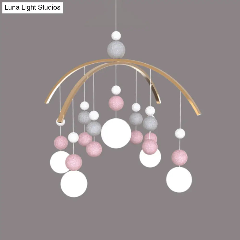 Cartoon White Glass Globe Chandelier Light With Pink/Blue Hanging Pendant - 5-Bulb Design Small Ball