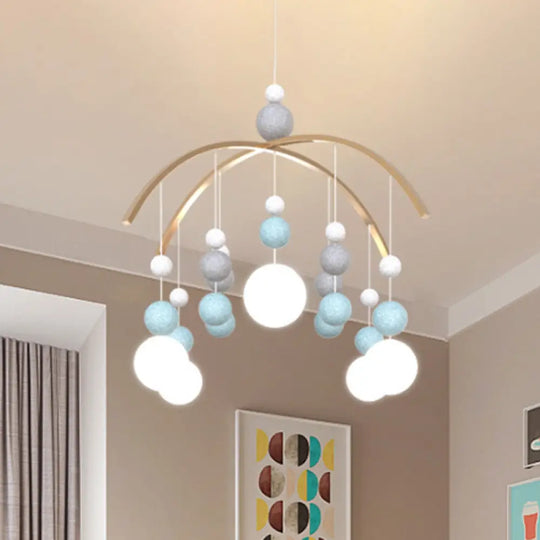 Cartoon White Glass Globe Chandelier Light With Pink/Blue Hanging Pendant - 5-Bulb Design Small Ball