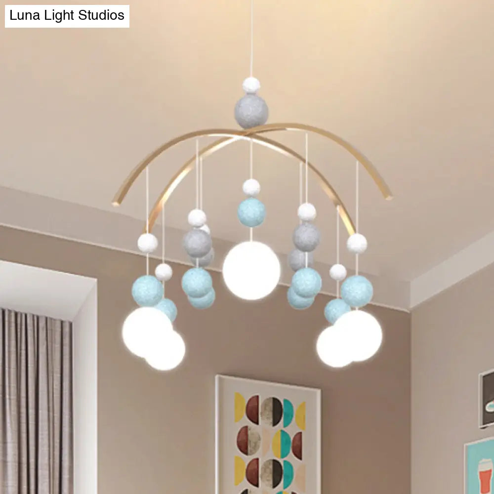 Cartoon White Glass Globe Chandelier Light With Pink/Blue Hanging Pendant - 5-Bulb Design Small Ball