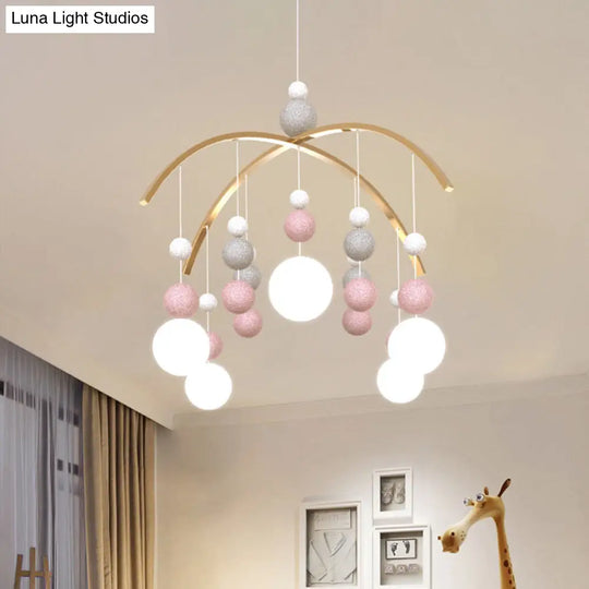 Cartoon White Glass Globe Chandelier Light With Pink/Blue Hanging Pendant - 5-Bulb Design Small Ball