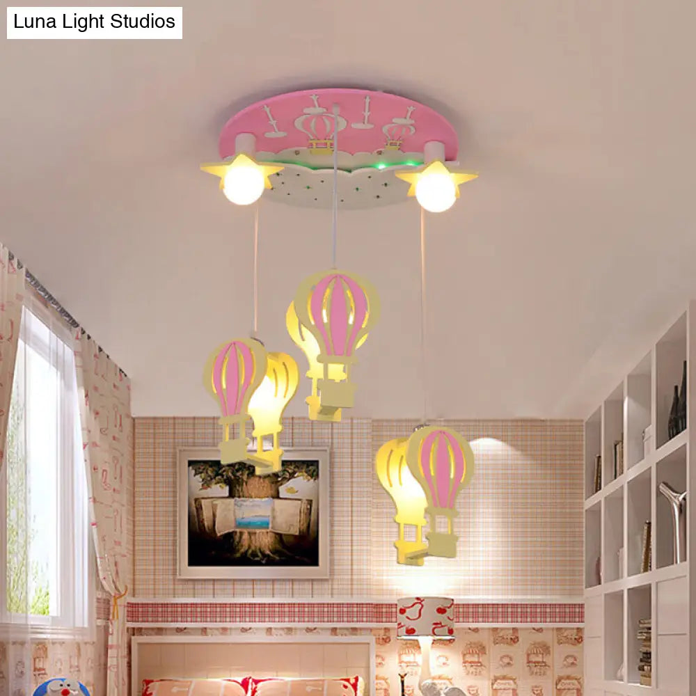 Cartoon Wooden Hot Air Balloon Semi Flush Ceiling Light With 5 Bulbs For Nursery Pink