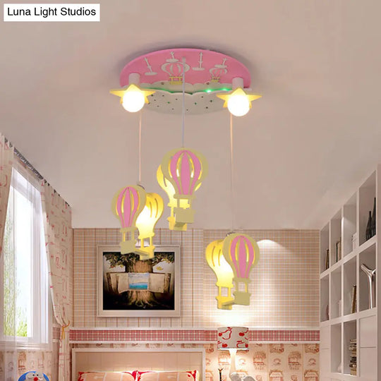 Cartoon Wooden Hot Air Balloon Semi Flush Ceiling Light With 5 Bulbs For Nursery Pink