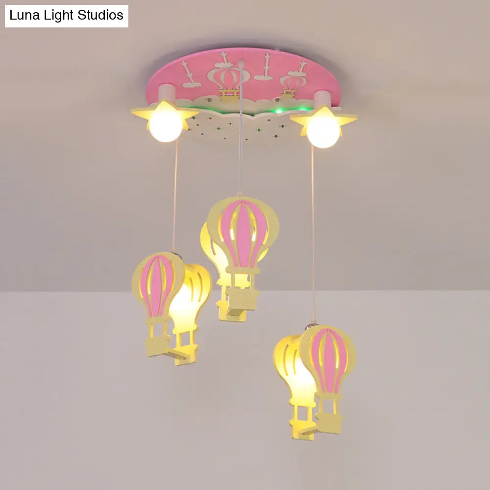 Cartoon Wooden Hot Air Balloon Semi Flush Ceiling Light With 5 Bulbs For Nursery