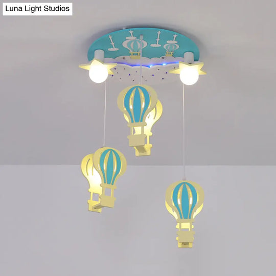 Cartoon Wooden Hot Air Balloon Semi Flush Ceiling Light With 5 Bulbs For Nursery