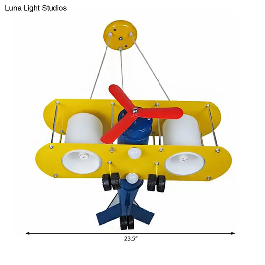 Cartoon Yellow Propeller Plane Pendant Lamp For Childs Bedroom - Metal Finish Chandelier