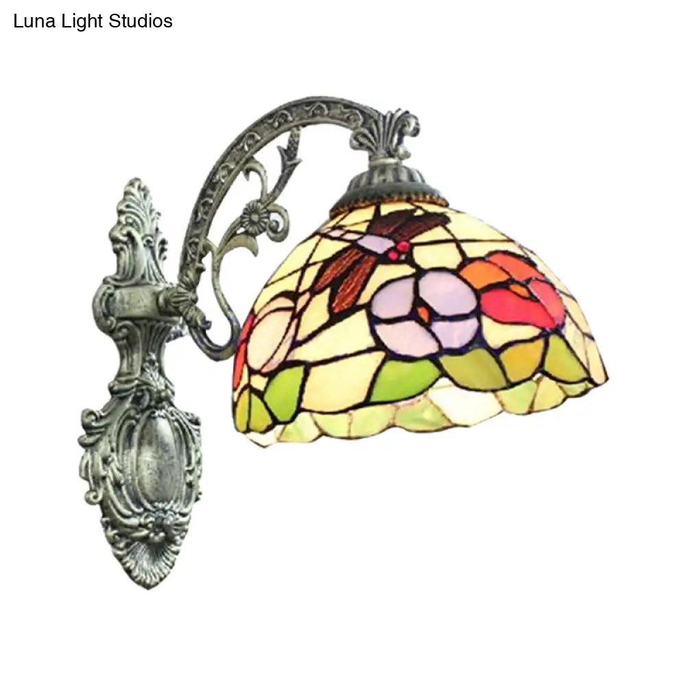 Carved Base Tiffany Rustic Sconce With Petal Stained Glass For Restaurant Wall Lighting