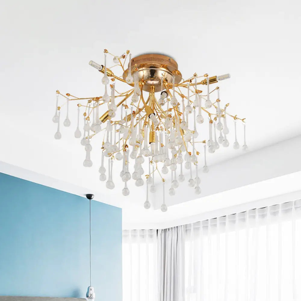 Cascade Bedroom Traditional Crystal 10-Head Semi Flush Ceiling Lamp - Gold