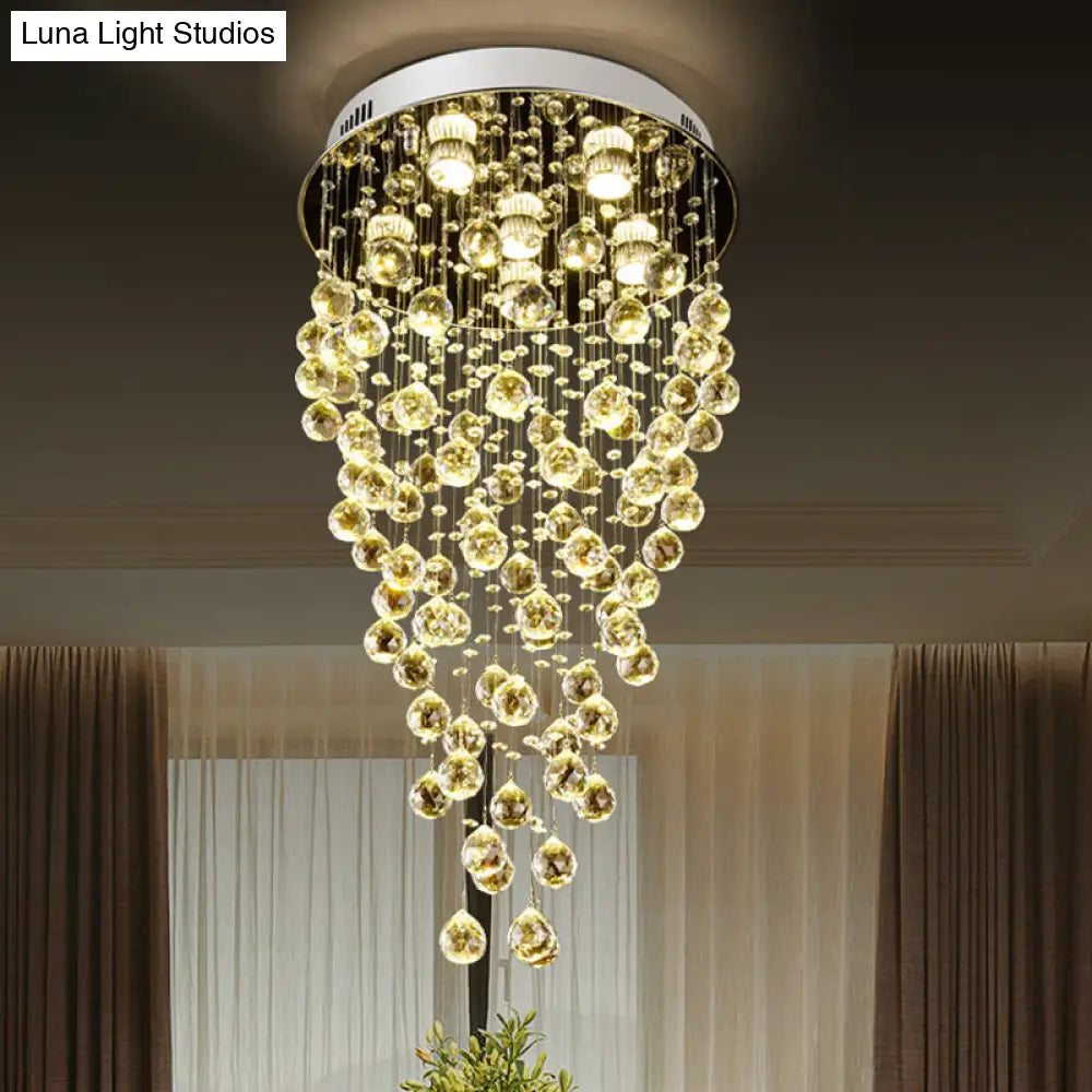 Cascade Flushmount Crystal Ceiling Light Fixture - Contemporary Faceted Design (6 Heads) Nickel