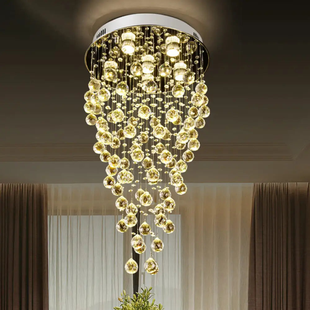 Cascade Flushmount Crystal Ceiling Light Fixture - Contemporary Faceted Design (6 Heads) Nickel