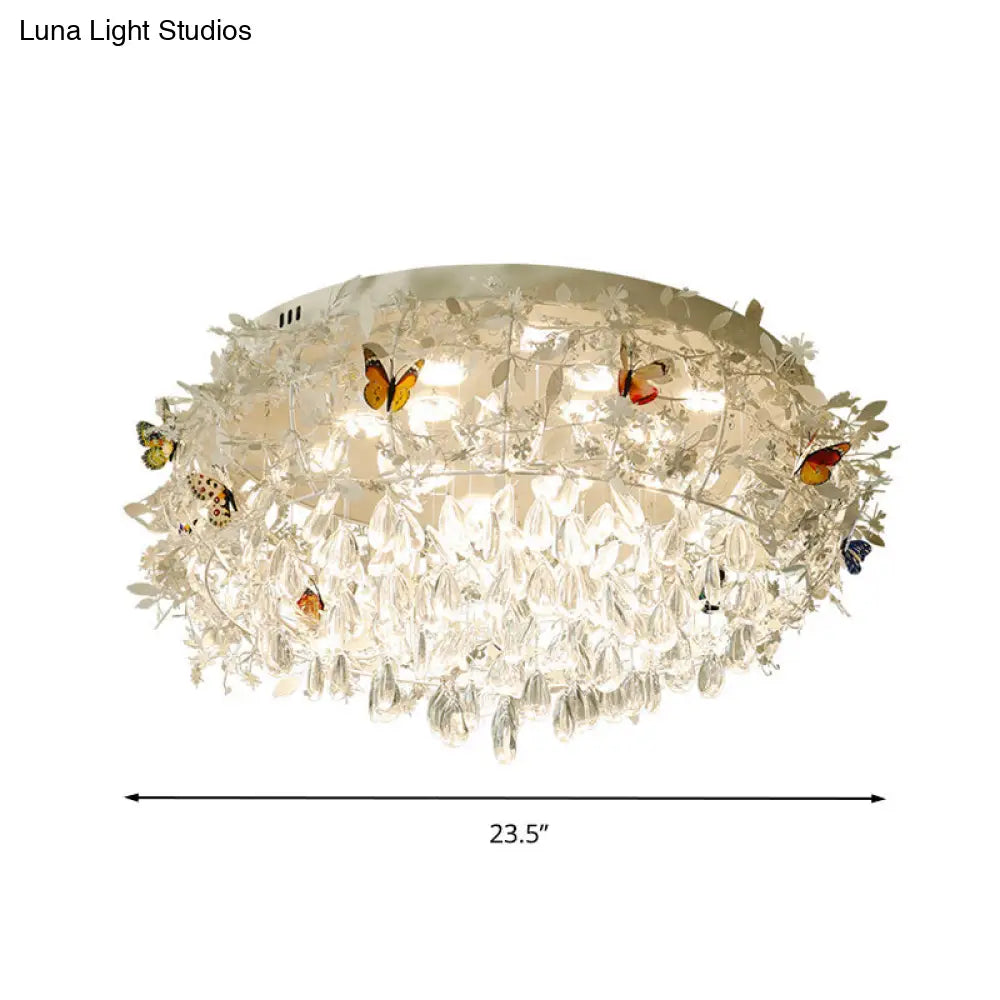 Cascade Teardrop Crystal Ceiling Light - 18/23.5 Wide Contemporary 5 Heads Nickel Flush Mount