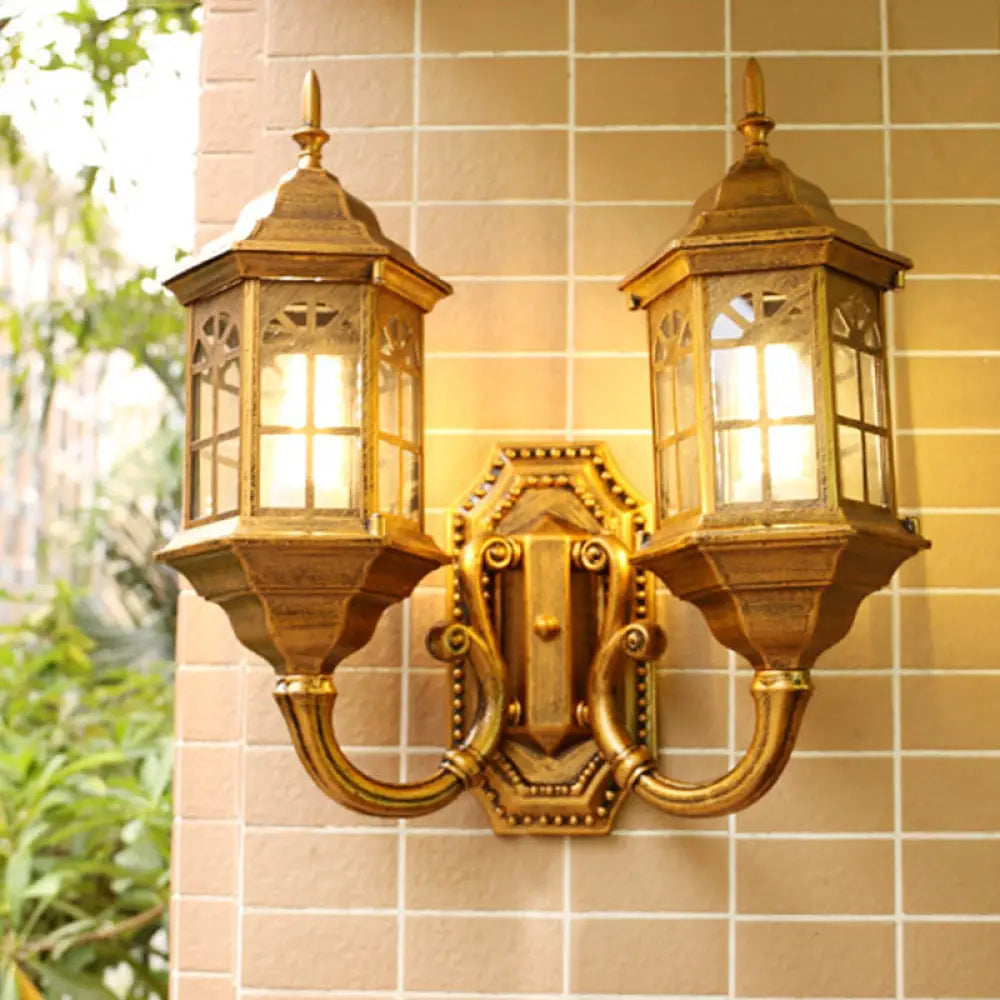 Castle Sconce Light Fixture - 2 Lights Aluminum Wall Mount Lamp In Black/Brass With Double Curved
