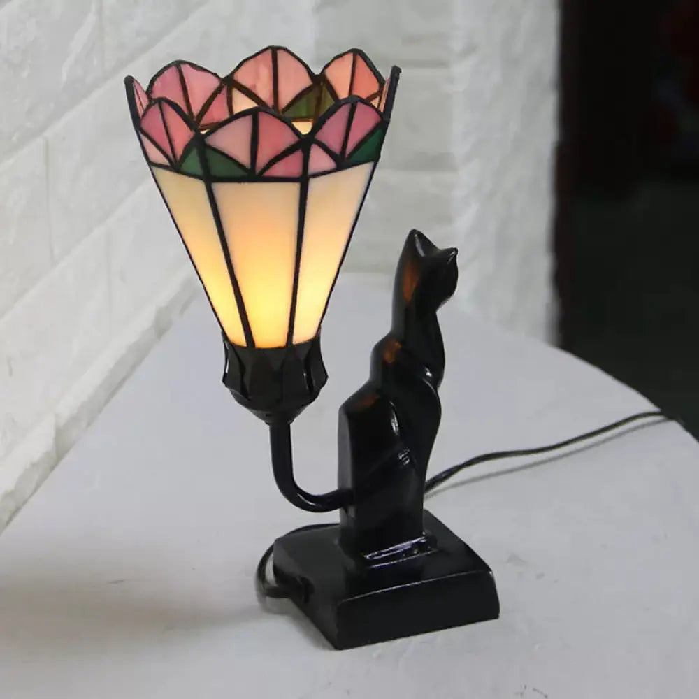 Cat Tiffany Stained Glass Table Lamp - Traditional Pink/White Accent Lighting Pink-White