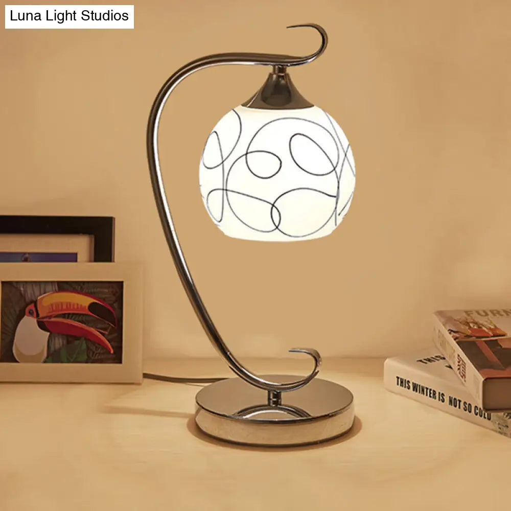 Classic White Glass Orb Study Room Reading Lamp - Chrome Nightstand Light With 1 Bulb