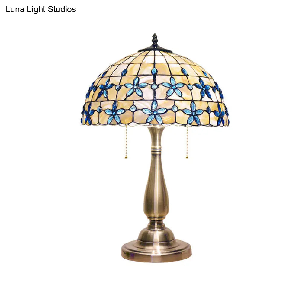 Shell Tiffany-Style Jewel Petals Nightstand Light With Pull Chain - 2 Heads Table Lamp Gold Vase