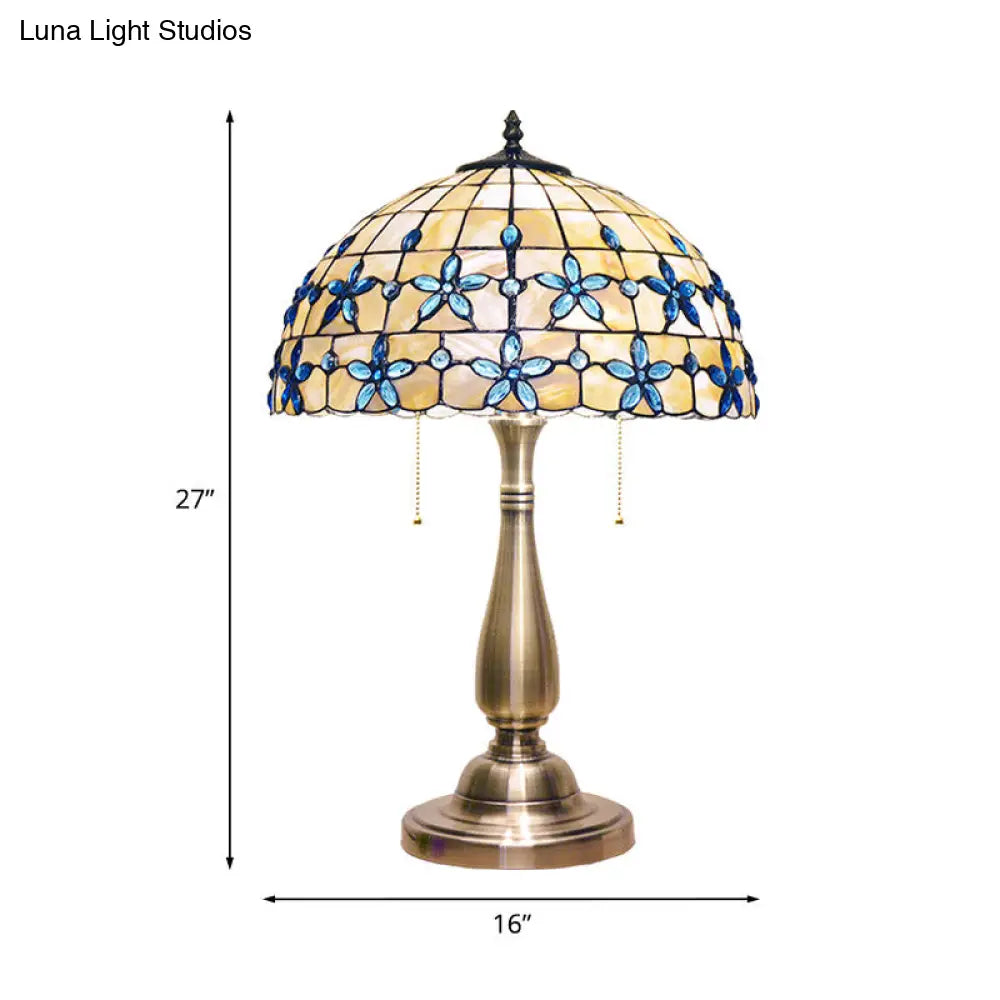 Shell Tiffany-Style Jewel Petals Nightstand Light With Pull Chain - 2 Heads Table Lamp Gold Vase