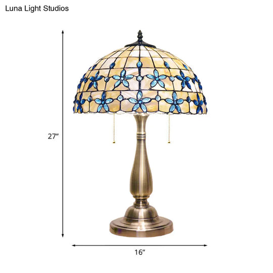 Shell Tiffany-Style Jewel Petals Nightstand Light With Pull Chain - 2 Heads Table Lamp Gold Vase