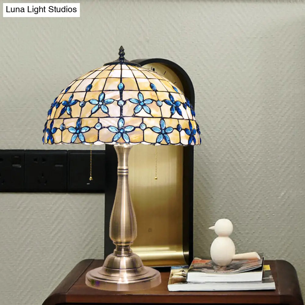 Shell Tiffany-Style Jewel Petals Nightstand Light With Pull Chain - 2 Heads Table Lamp Gold Vase