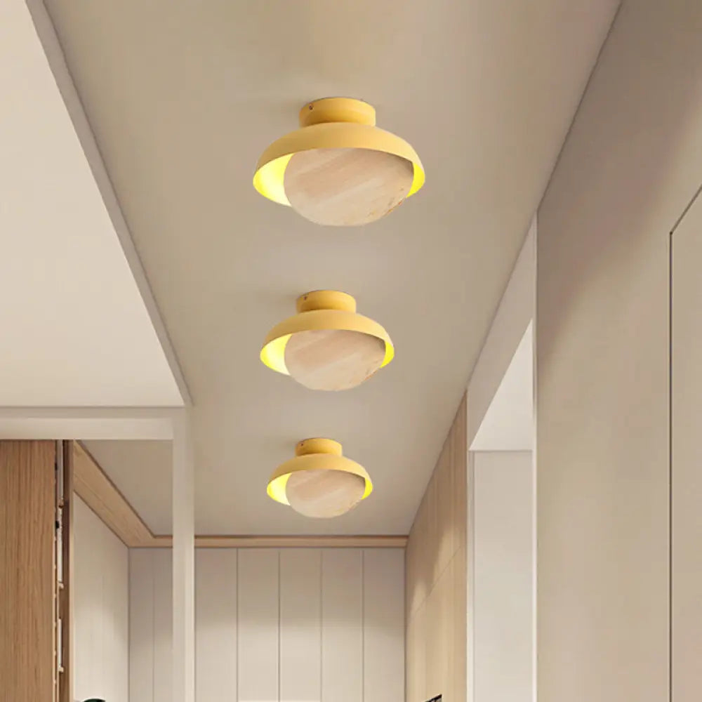 Ceiling Light With Mobile Wood Shield - Macaron Iron Flush Mount Led Yellow/Pink/Green Foyer Yellow