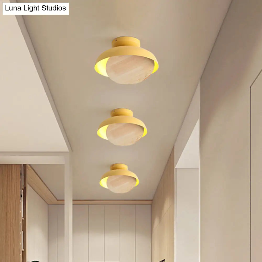 Ceiling Light With Mobile Wood Shield - Macaron Iron Flush Mount Led Yellow/Pink/Green Foyer Yellow