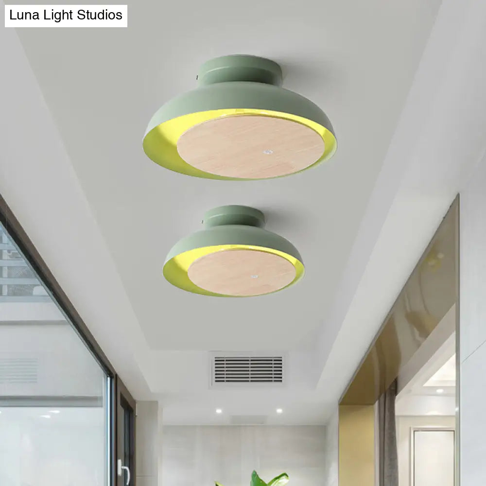 Ceiling Light With Mobile Wood Shield - Macaron Iron Flush Mount Led Yellow/Pink/Green Foyer Green